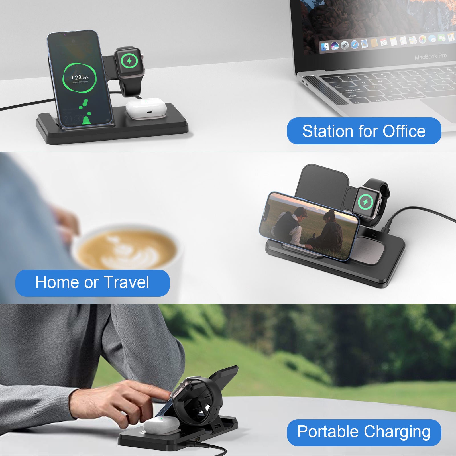 3-in-1 Wireless Charging Station 15W Fast Charger for Phone, Watch & Earbuds