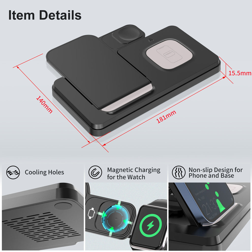 3-in-1 Wireless Charging Station 15W Fast Charger for Phone, Watch & Earbuds