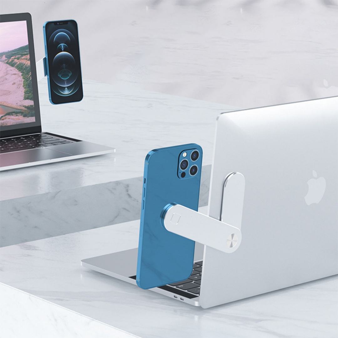 Laptop Phone Holder. Black Magnetic Smartphone Adjustable Notebook Bracket with Side Mount Clip. Slim Foldable Computer Monitor Desktop Stand. Magnet Universal Screen Expansion for Office Work