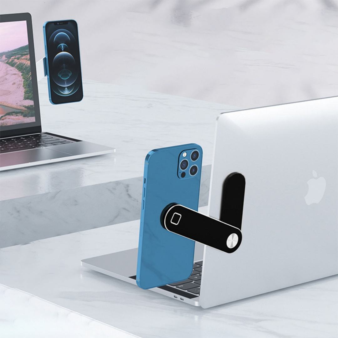 Laptop Phone Holder. Black Magnetic Smartphone Adjustable Notebook Bracket with Side Mount Clip. Slim Foldable Computer Monitor Desktop Stand. Magnet Universal Screen Expansion for Office Work
